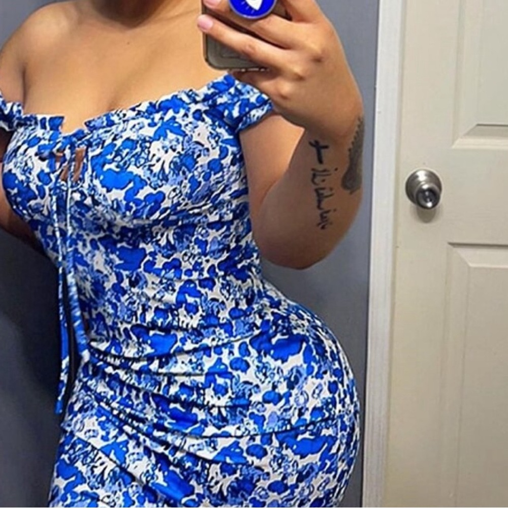 Boho Vibrant Blue Floral Print Off Shoulder Bodycon Dress